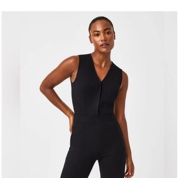 Spanx Women’s Perfect Sleeveless Flared Jumpsuit Sz M Black Wide Leg Stretch - Picture 11 of 11